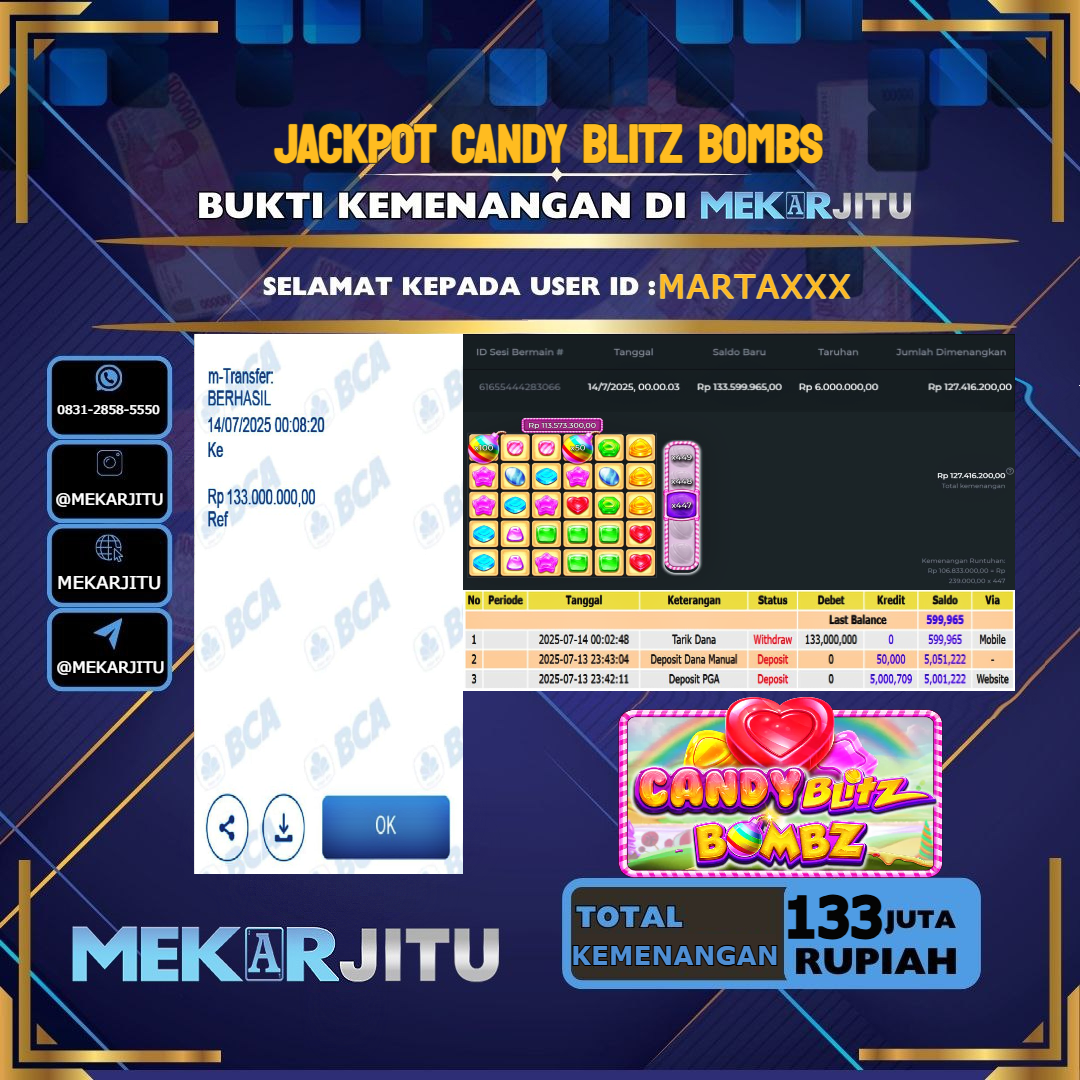 MEKARJITU JACKPOT SLOT CANDY BLITZ BOMBS RP.133,000,000-LUNAS USER ID : MARTA***
