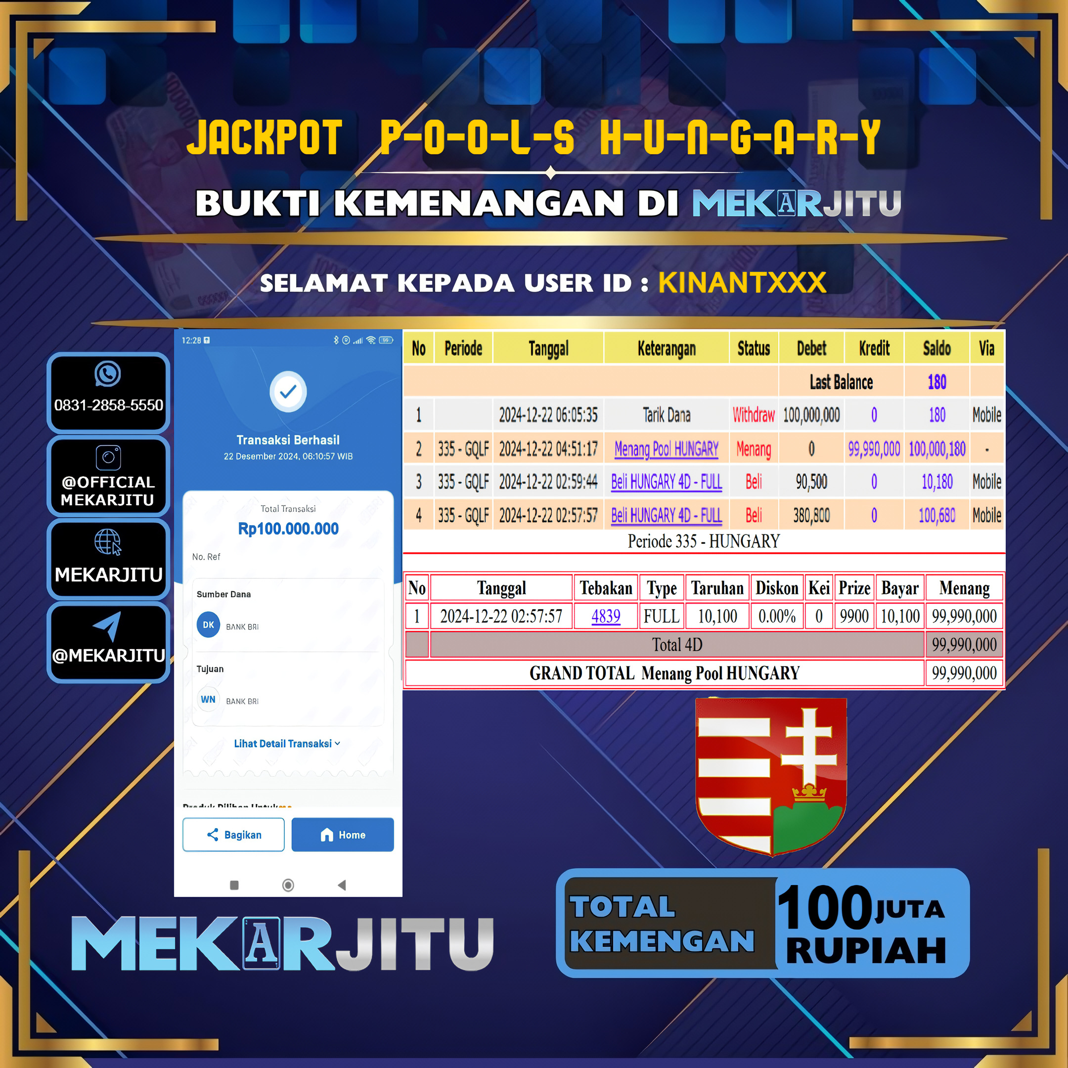 MEKARJITU JACKPOT TOGEL POOLS HUNGARY  RP. 100.000.000,- LUNAS USER ID:  KINANT***      