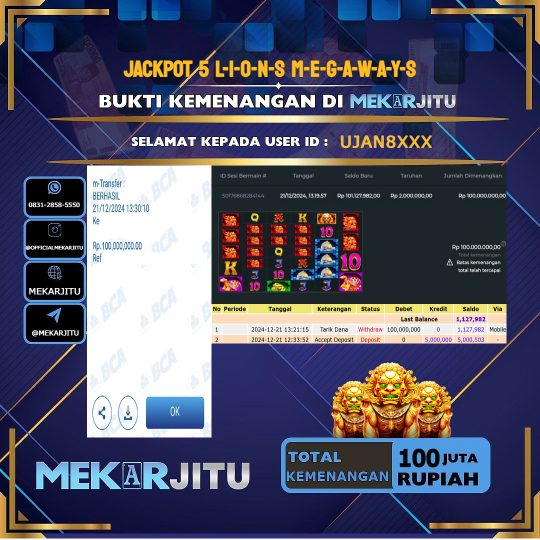 MEKARJITU JACKPOT SLOT 5 LIONS MEGAWAYS RP. 100.000.000,- LUNAS USER ID: UJAN8***      