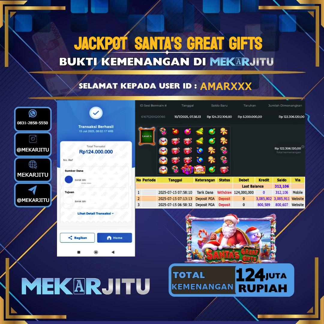 MEKARJITU JACKPOT SLOT SANTA'S GREAT GIFTS RP.124,000,000-LUNAS USER ID : AMAR***