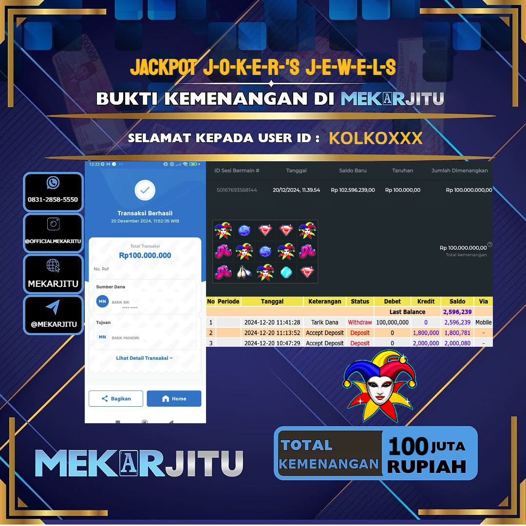 MEKARJITU JACKPOT SLOT JOKER'S JEWELS RP. 100.000.000,- LUNAS USER ID: KOLKO***      