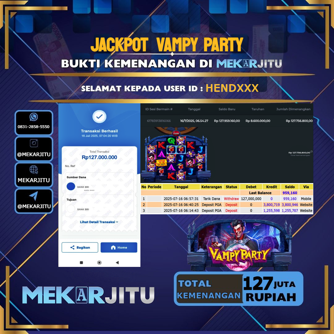 MEKARJITU JACKPOT SLOT VAMPY PARTY RP.127,000,000-LUNAS USER ID : HEND***
