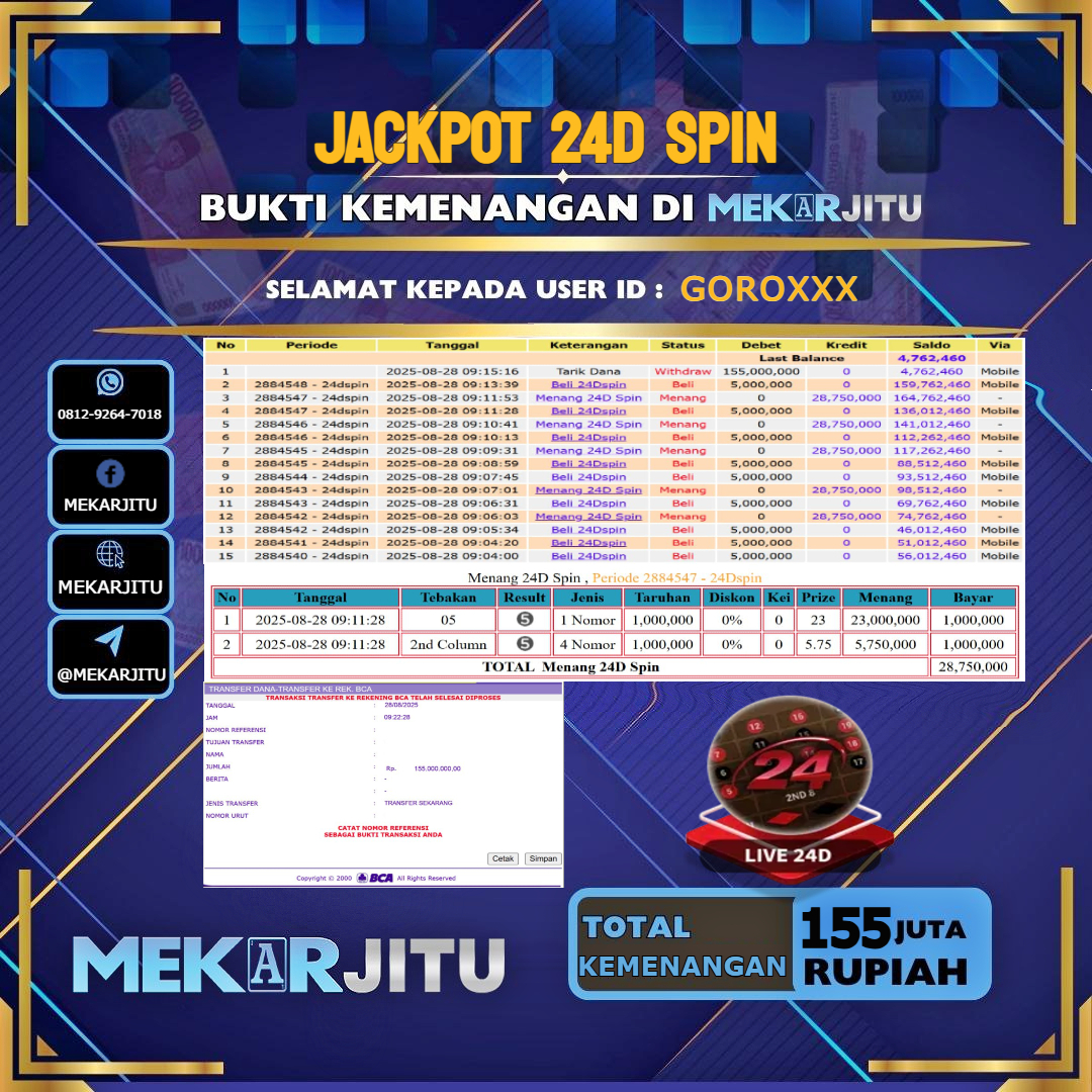 MEKARJITU JACKPOT LIVE GAMES 24D SPIN RP.155.000.000,- LUNAS USER ID : GORO***