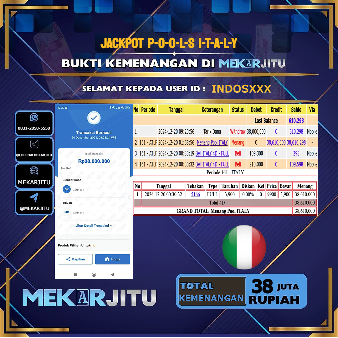 MEKARJITU JACKPOT TOGEL ITALY RP. 38.000.000,- LUNAS USER ID: INDOS***     