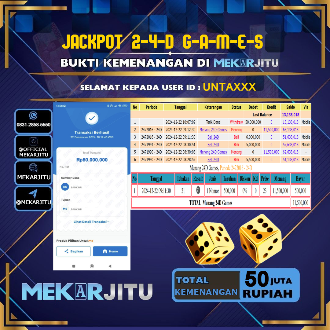 MEKARJITU JACKPOT LIVE GAMES 24D GAMES RP. 50.000.000,- LUNAS USER ID: UNTA***                