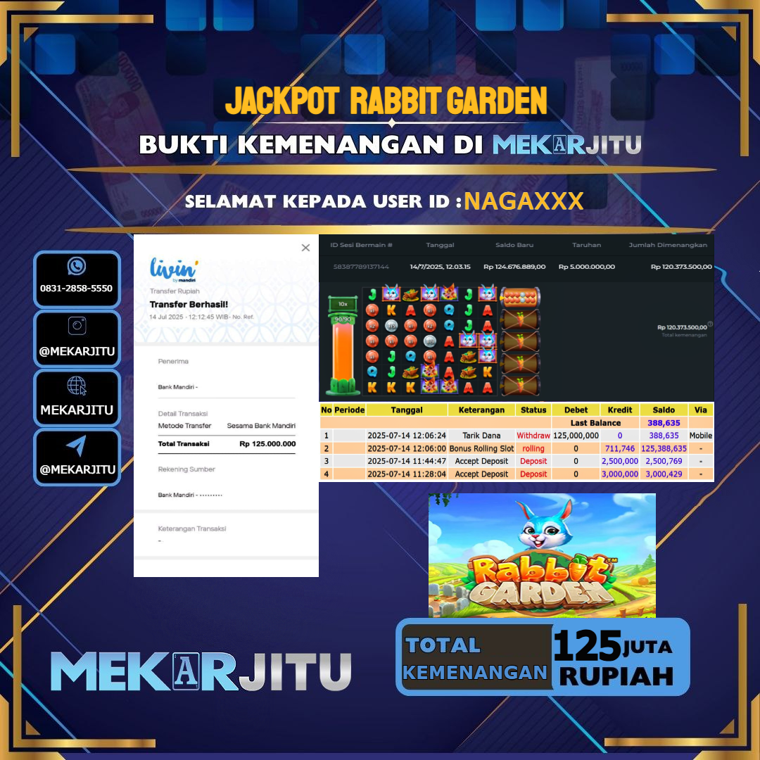 MEKARJITU JACKPOT SLOT RABBIT GARDEN RP.125,000,000-LUNAS USER ID : NAGA***