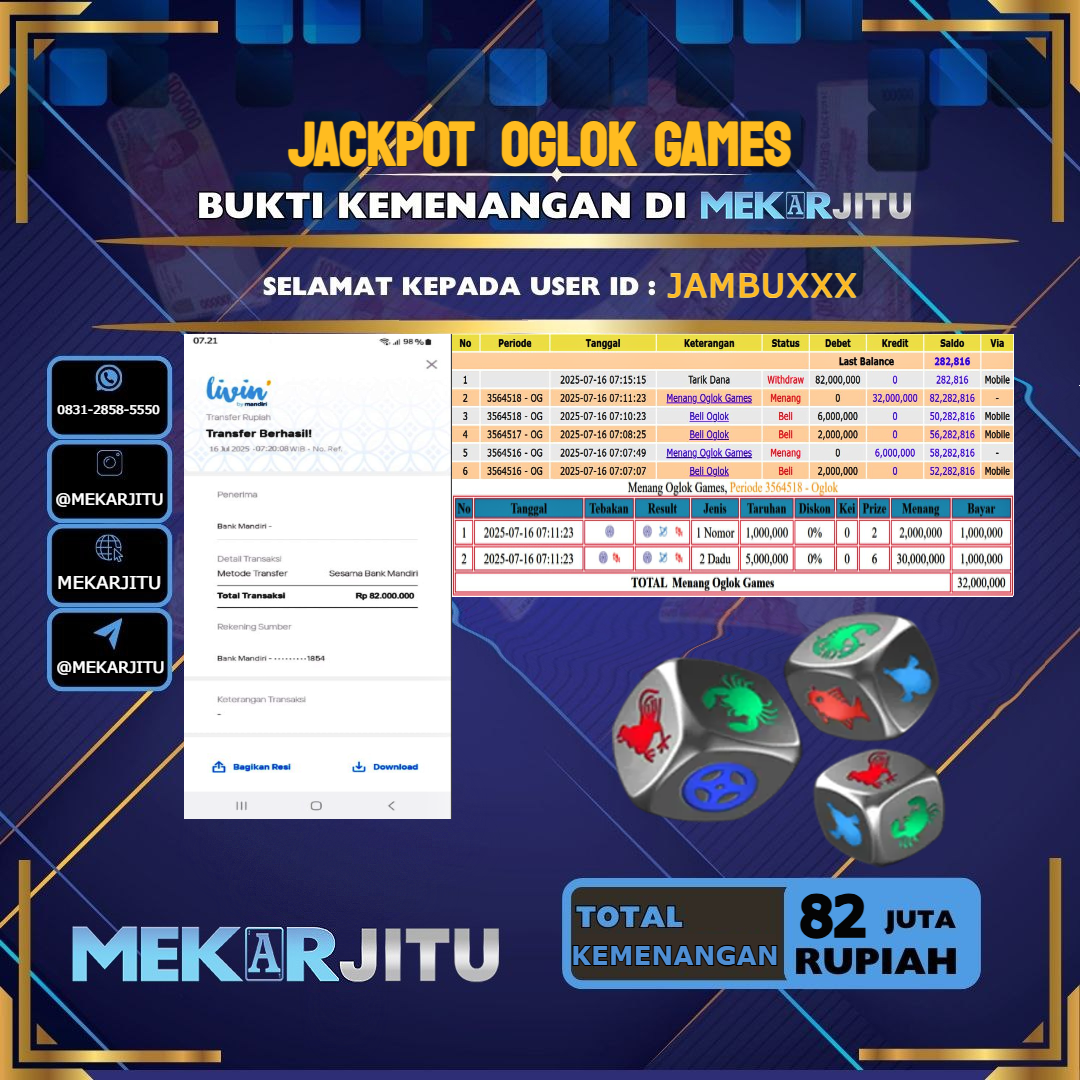 MEKARJITU JACKPOT LIVE GAMES OGLOK GAMES RP.82.000.000,- LUNAS USER ID : JAMBU***