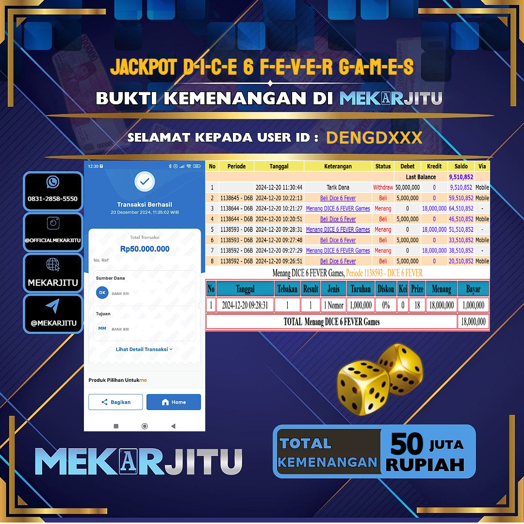 MEKARJITU JACKPOT LIVE GAMES DICE 6 FEVER GAMES RP. 50.000.000,- LUNAS USER ID: DENGD***      