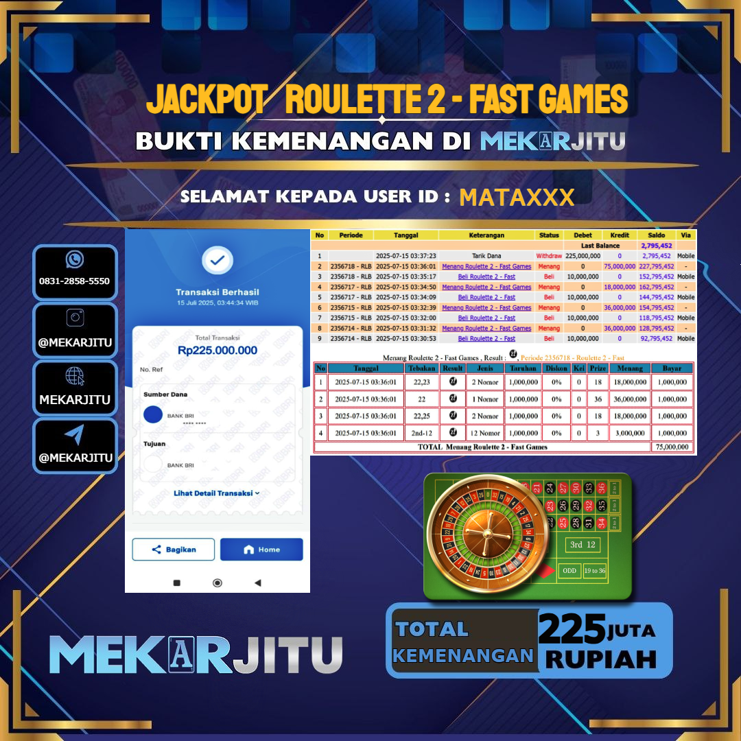 MEKARJITU JACKPOT LIVE GAMES ROULETTE 2 FAST GAMES RP.225.000.000,- LUNAS USER ID : MATA***