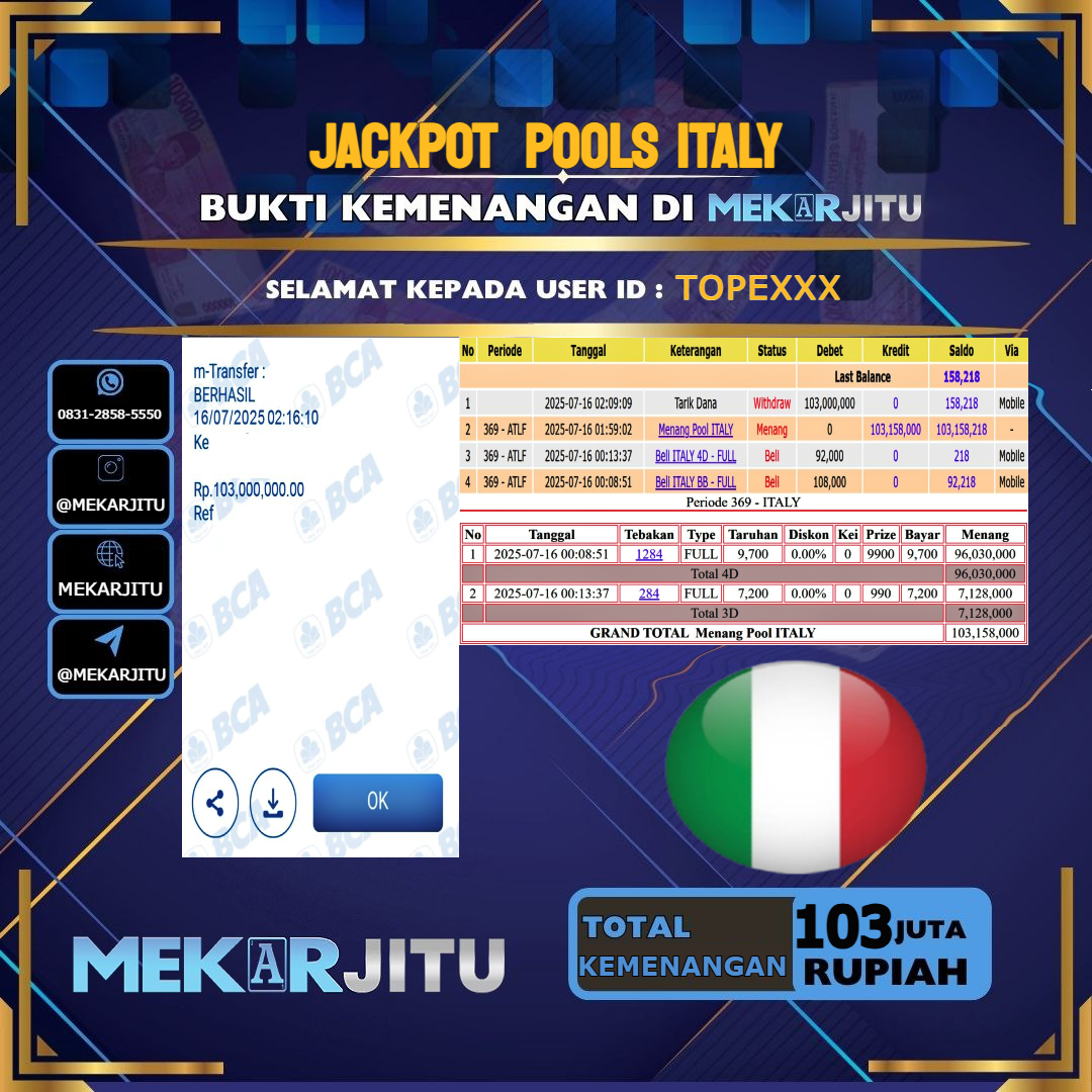 MEKARJITU JACKPOT TOGEL ITALY RP.103.000.000,- LUNAS USER ID : TOPE***
