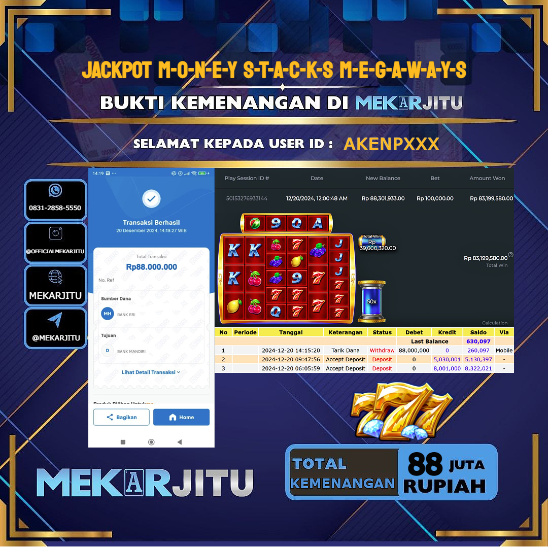 MEKARJITU JACKPOT SLOT MONEY STACKS MEGAWAYS RP. 88.000.000,- LUNAS USER ID: AKENP***      