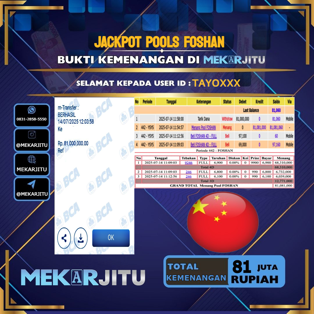 MEKARJITU JACKPOT TOGEL FOSHAN RP.81.000.000,- LUNAS USER ID : TAYO***
