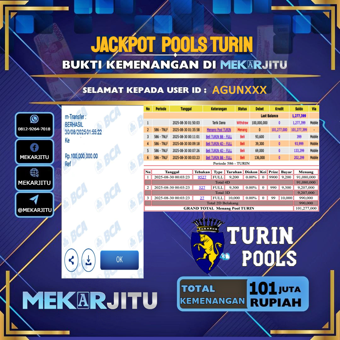 MEKARJITU JACKPOT TOGEL TURIN RP.101.000.000,- LUNAS USER ID : AGUN***