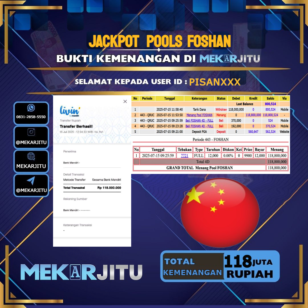 MEKARJITU JACKPOT TOGEL FOSHAN RP.118.000.000,- LUNAS USER ID : PISAN***