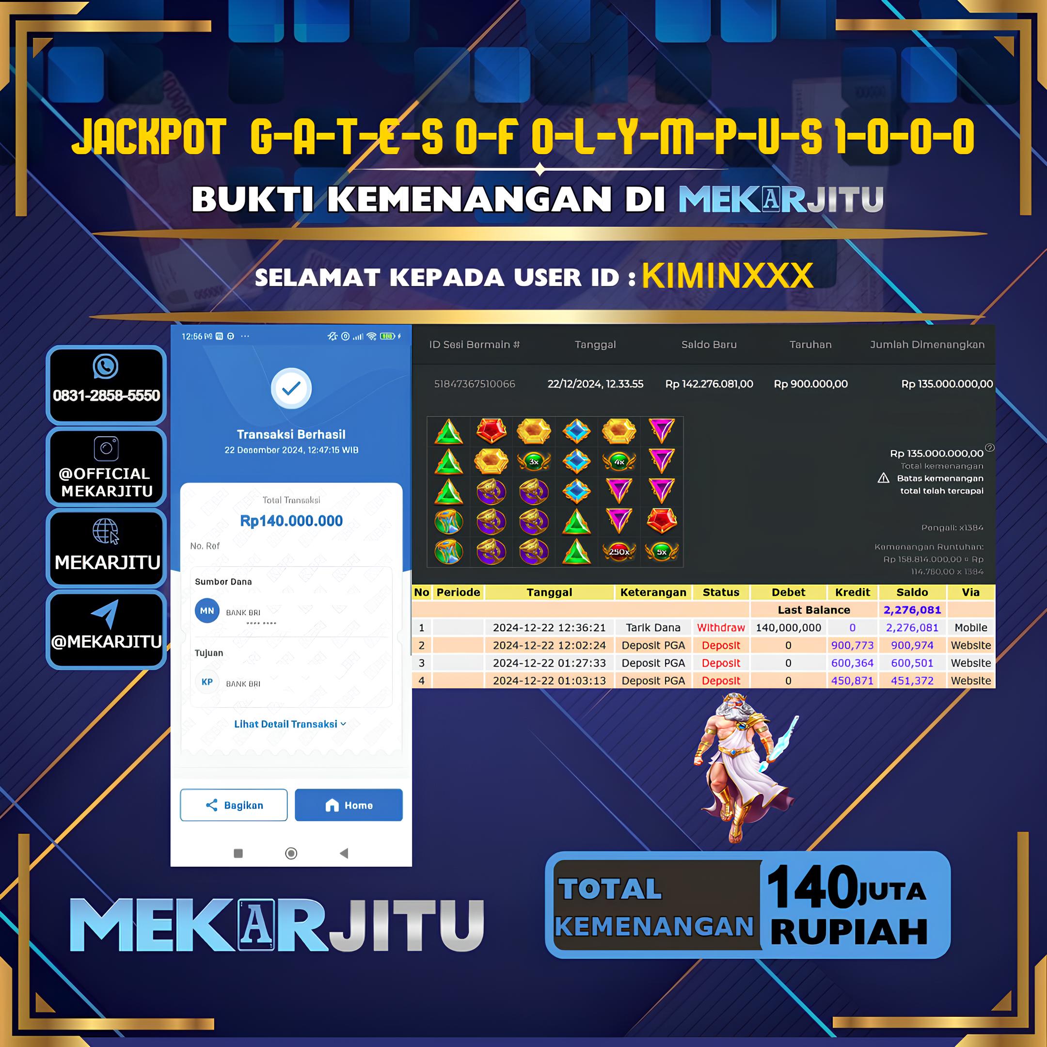 MEKARJITU JACKPOT SLOT GATES OF OLYMPUS 1000  RP. 140.000.000,- LUNAS USER ID:  KIMIN***      