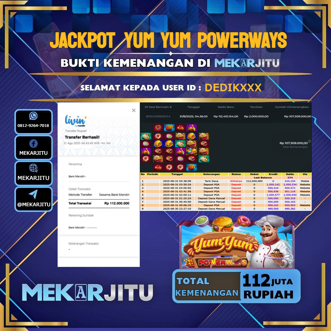 MEKARJITU JACKPOT SLOT YUM YUM POWERWAYS RP.112,000,000-LUNAS USER ID : DEDIK***