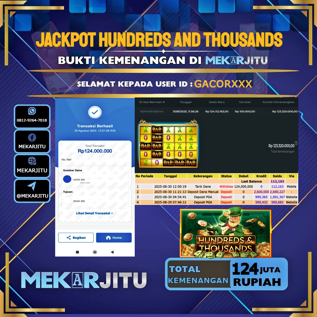 MEKARJITU JACKPOT SLOT HUNDREDS AND THOUSANDS RP.124,000,000-LUNAS USER ID : GACOR***