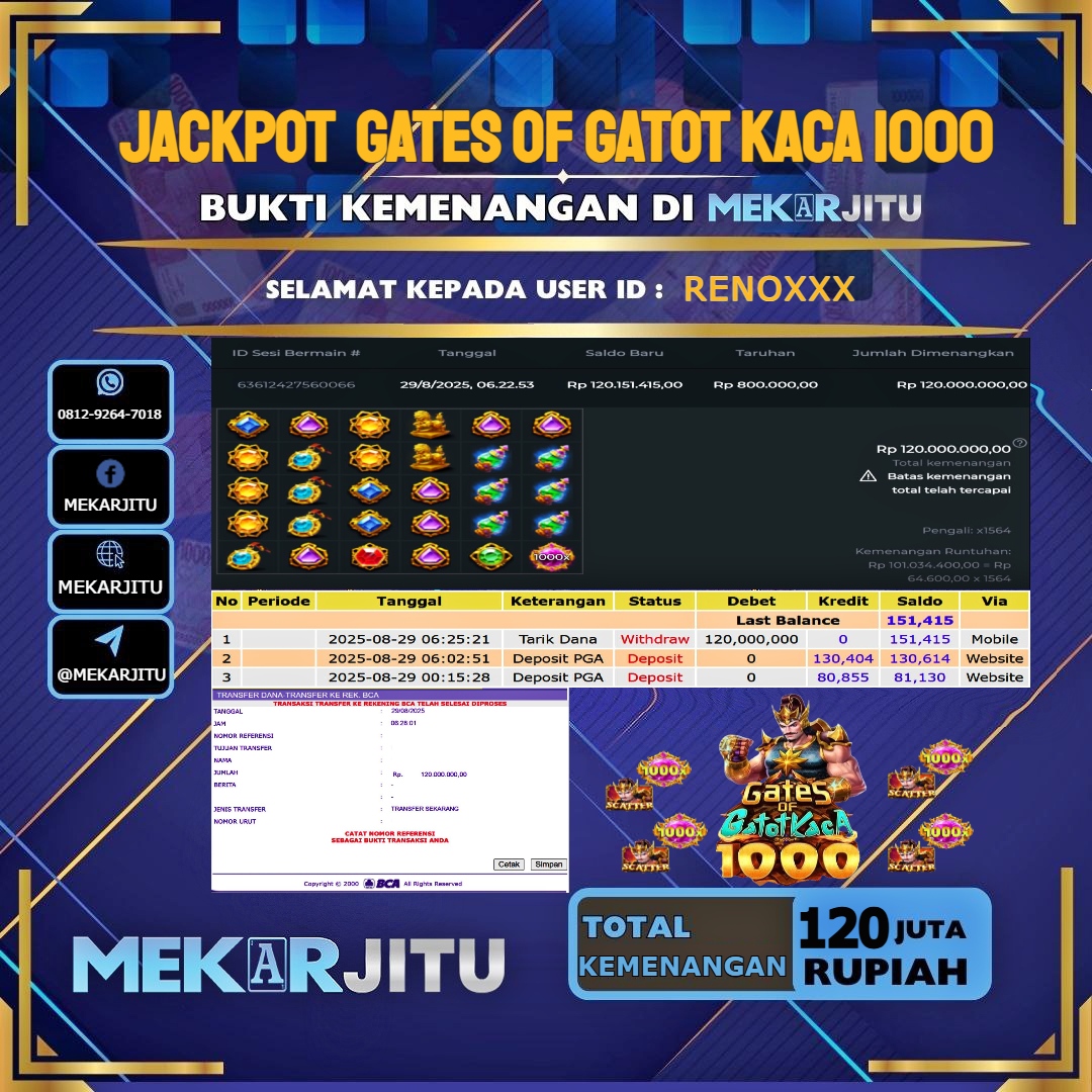 MEKARJITU JACKPOT SLOT GATES OF GATOT KACA 1000 RP.120,000,000-LUNAS USER ID : RENO***