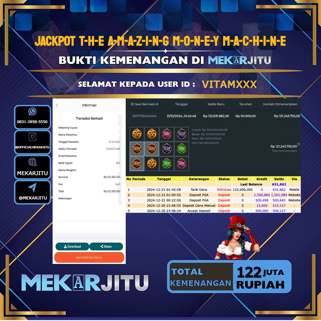 MEKARJITU JACKPOT SLOT THE AMAZING MONEY MACHINE RP. 122.000.000,- LUNAS USER ID: VITAM***      