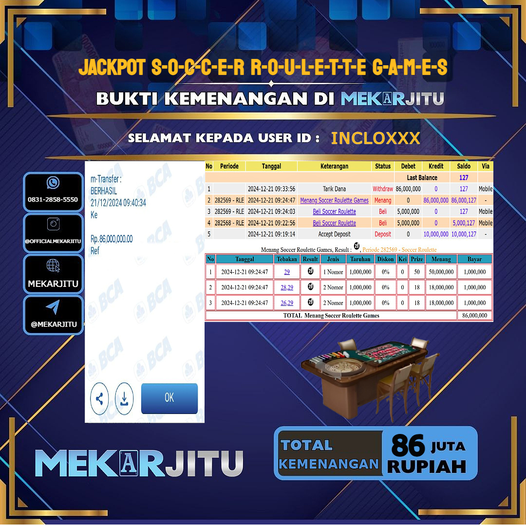 MEKARJITU JACKPOT LIVE GAMES SOCCER ROULETTE GAMES RP. 86.000.000,- LUNAS USER ID: INCLO***      