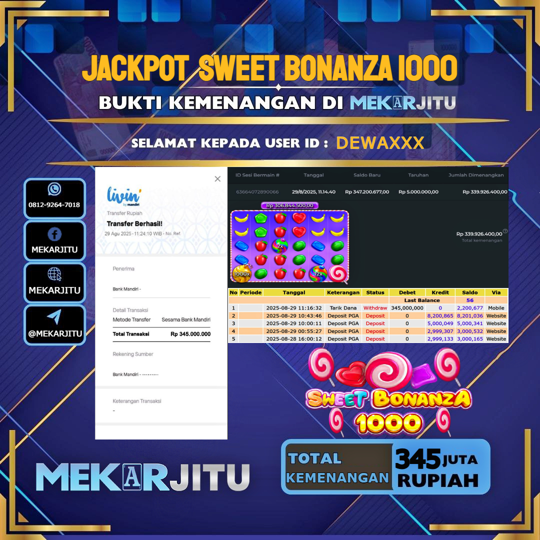 MEKARJITU JACKPOT SLOT SWEET BONANZA 1000 RP.345,000,000-LUNAS USER ID : DEWA***