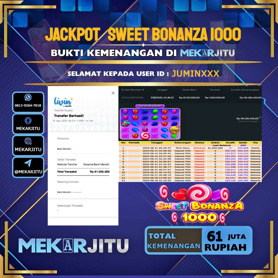 MEKARJITU JACKPOT SLOT SWEET BONANZA 1000 RP.61,000,000-LUNAS USER ID : JUMIN***