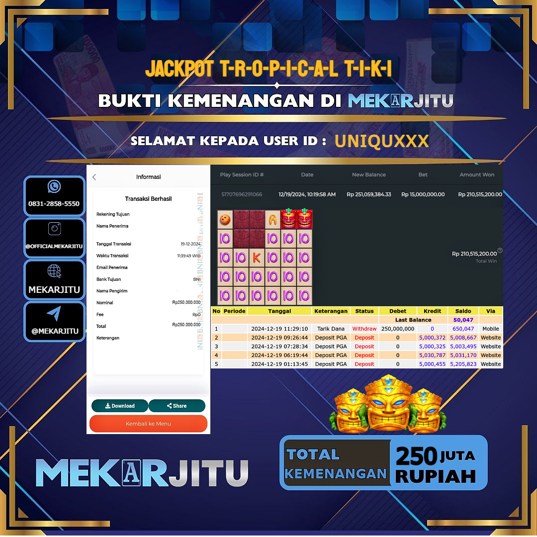 MEKARJITU JACKPOT SLOT TROPICAL TIKI RP. 250.000.000,- LUNAS USER ID: UNIQU***      