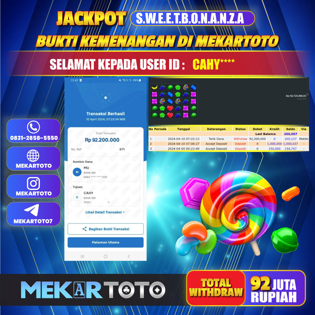 MEKARJITU  JACKPOT SLOT SWEET BONANZA RP. 92.000.000,-  LUNAS