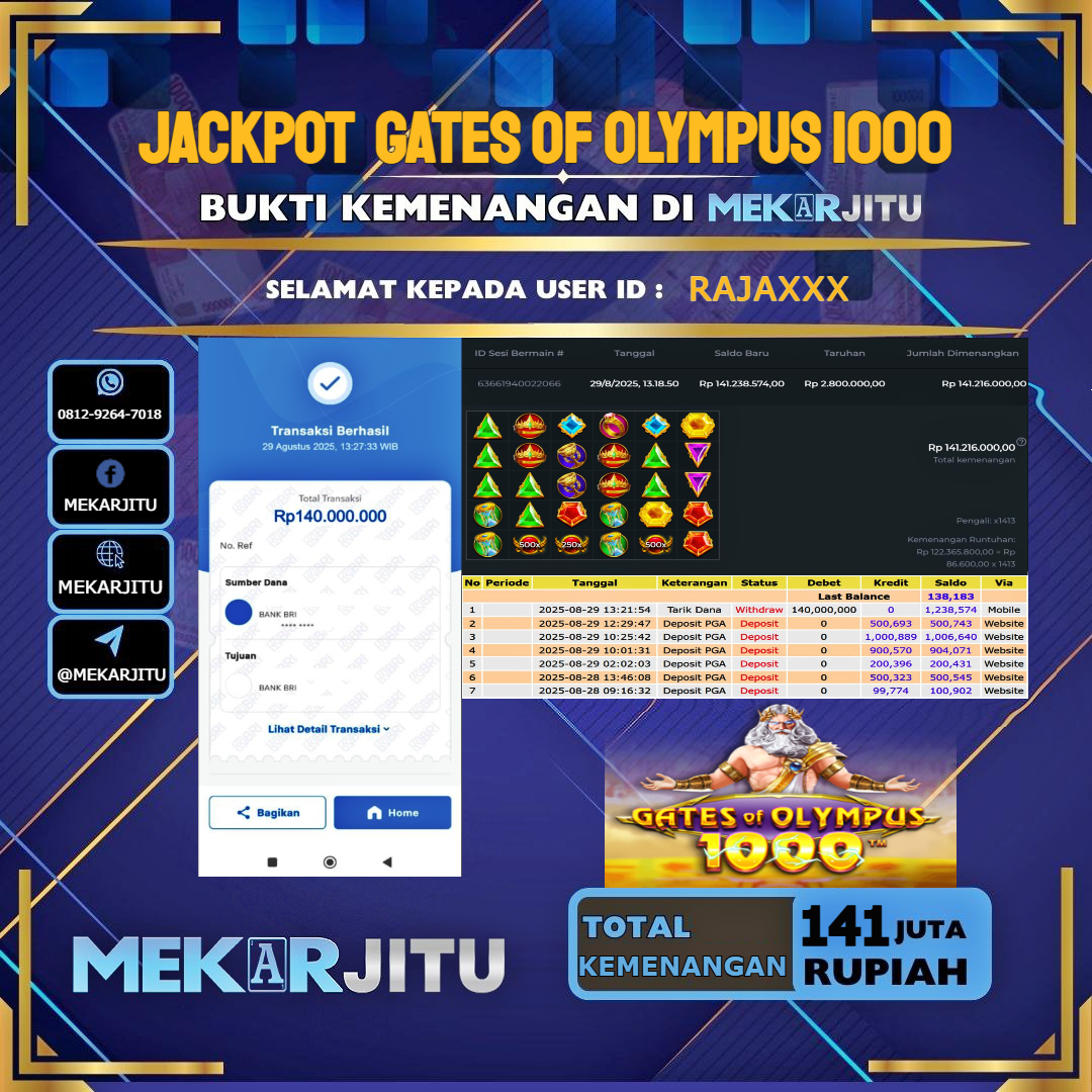 MEKARJITU JACKPOT SLOT GATES OF OLYMPUS 1000 RP.141,000,000-LUNAS USER ID : RAJA***