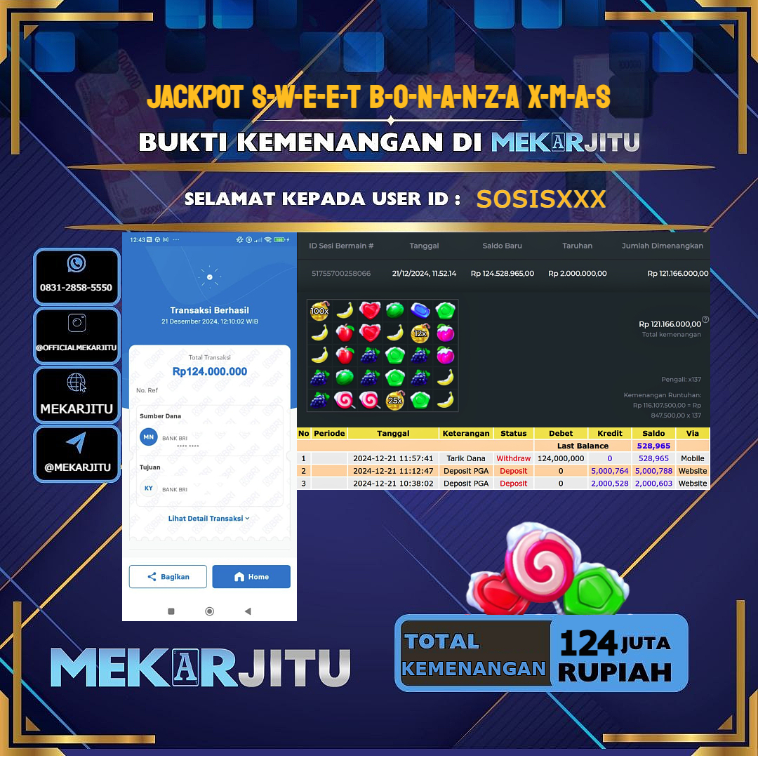 MEKARJITU JACKPOT SLOT SWEET BONANZA XMAS RP. 124.000.000,- LUNAS USER ID: SOSIS***      