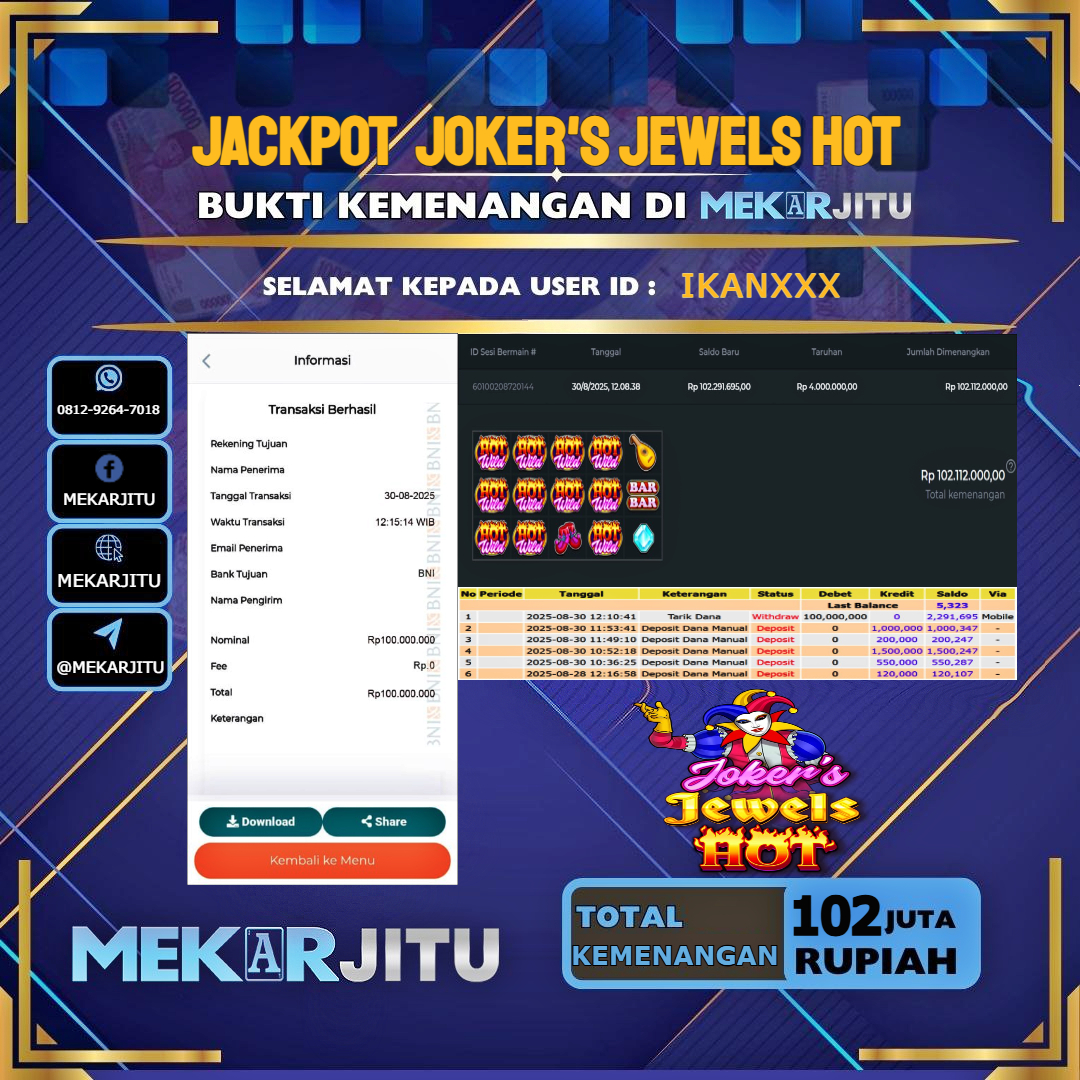 MEKARJITU JACKPOT SLOT JOKERS JEWELS HOT RP.102,000,000-LUNAS USER ID : IKAN***