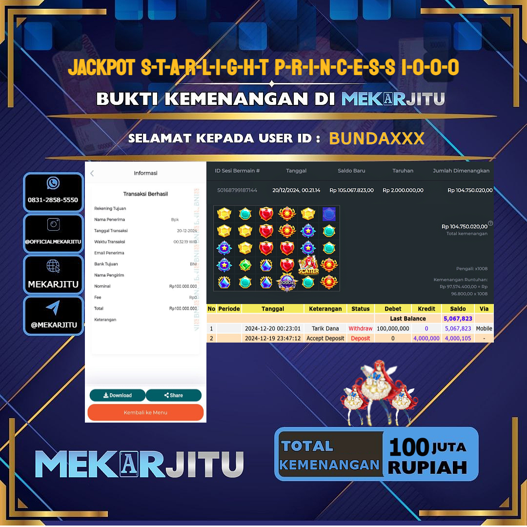 MEKARJITU JACKPOT SLOT STARLIGHT PRINCESS 1000 RP. 100.000.000,- LUNAS USER ID: BUNDA***      